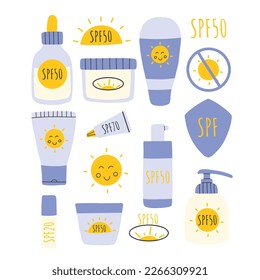 Set of Sunscreens, lotions with SPF. Sunscreen protection and sun safety. Sunscreen, lotion with SPF. Sunscreen lotion isolated. hand drawn vector illustration. Flat style.