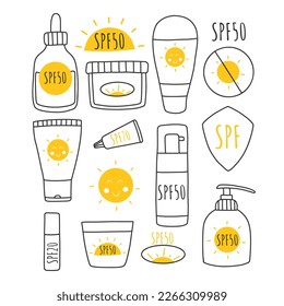 Conjunto de Sunscreen, lociones con SPF. Protección contra el sol y seguridad solar. Pantalla solar, loción con SPF. La ubicación del protector solar está aislada. ilustración vectorial dibujada a mano. Estilo Doodle.