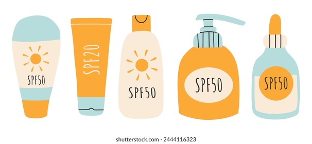 Set de protectores solares, lociones con SPF. Protección solar y seguridad solar. Protector solar, loción con FPS. Crema solar aislada. Ilustración vectorial dibujada a mano. Estilo plano.