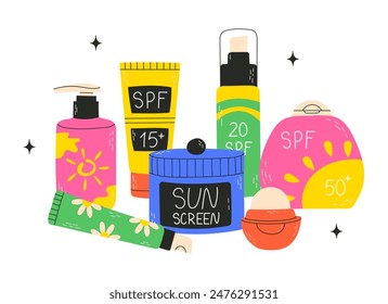 Set of Sunscreens, lotions with SPF. Sunscreen protection and sun safety. Sunscreen, lotion with SPF. Sunscreen lotion isolated. hand drawn vector illustration. Flat style.