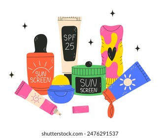 Set of Sunscreens, lotions with SPF. Sunscreen protection and sun safety. Sunscreen,cream, lotion, lipstick, spray with SPF. Sunscreen lotion isolated. hand drawn vector