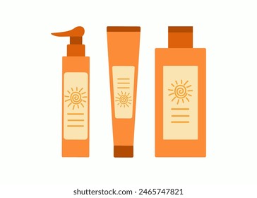 Set of sunscreens. Skin care and protection. Tubes of sunscreen. Use sunscreen cosmetics. Moisturizes and protects the skin from solar ultraviolet radiation. 