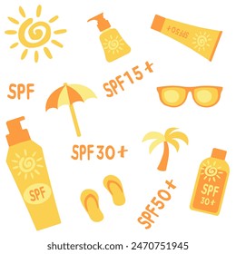 Set of sunscreens. Skin care routine. Sunscreen moisturizer, sunscreen, skin protection and uv ray blocking concept.