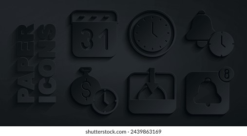 Puesta del sol, reloj despertador, tiempo es dinero, aplicación móvil, reloj e icono de calendario. Vector