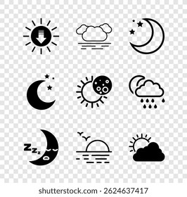 Set Sunset, Cloud, Moon and stars, icon, cloud weather,  and Eclipse of sun icon. Vector