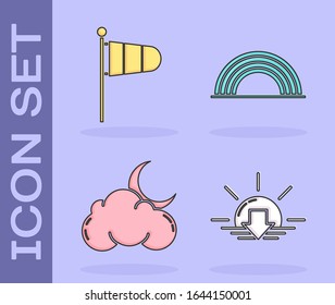 Set Sunset, Cone meteorology windsock wind vane, Cloud with moon and stars and Rainbow with clouds icon. Vector