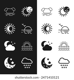 Set Sunset, Eclipse of the sun, Cloud, with moon and stars, rain and Moon icon. Vector