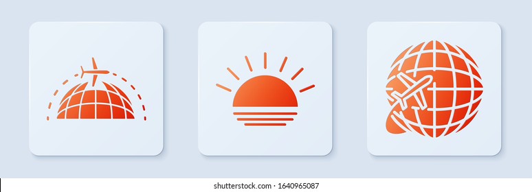 Set Sunset, Globe with flying plane and Globe with flying plane. White square button. Vector