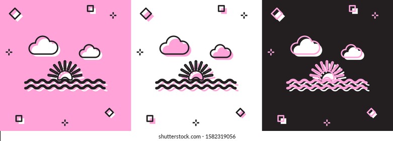 Set Sunset icon isolated on pink and white, black background.  Vector Illustration