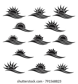 Set of sunset line icon. Sun logo template. Sea logo template.