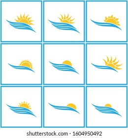 Set of sunset line icon. Sunrise logo. Wave and sun vector logo template. 