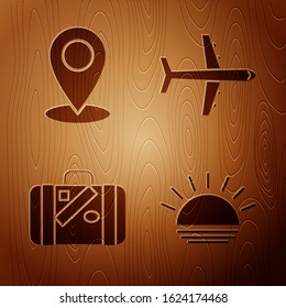 Set Sunset, Map pin, Suitcase for travel and stickers and Plane on wooden background. Vector