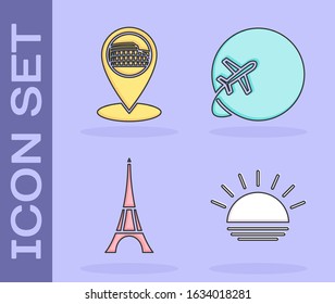 Set Sunset, Map pointer with Coliseum in Rome, Italy, Eiffel tower and Globe with flying plane icon. Vector