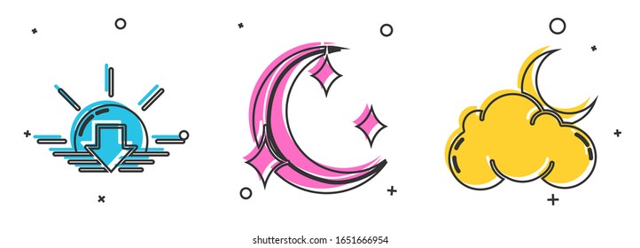 Set Sunset, Moon and stars and Cloud with moon and stars icon. Vector