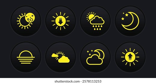 Set Sunset, Moon and stars, cloud weather, Cloud with moon, rain sun,  and Eclipse of icon. Vector