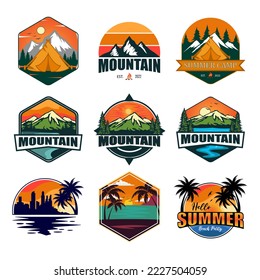 Set of sunset outdoor logo vector illustrations. Premium sunset abstract logo for badge, sticker, club, or shirt.
