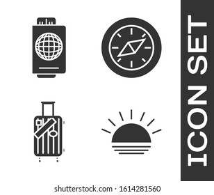 Set Sunset, Passport with ticket, Suitcase for travel and stickers and Compass icon. Vector