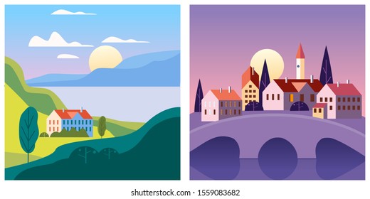 Set sunset summer landscape sea ocean mountains. Vector isolated minimal cartoon style, template baner poster