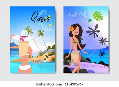 set sunset sunrise sexy woman wear hat pareo relax sunny palm beach booty bare rear view ass bikini summer vacation badge Design Label. Season Holidays lettering for logo Templates invitation greeting