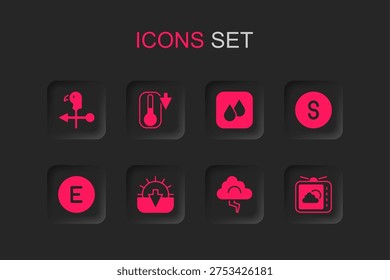 Set Sunset, Thermometer, Rooster weather vane, Cloud and lightning, Compass south, Weather forecast, Water drop and west icon. Vector