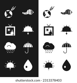 Set Sunset, Weather forecast, Comet falling down fast, Cone meteorology windsock wind vane, Cloud with rain, Umbrella, Water drop and Sunrise icon. Vector