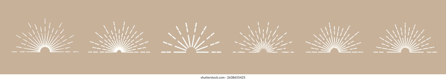 A set of sunsets on a dark beige background. Sunset and sun rays in vintage style. A collection of starbursts, fireworks, logos. Vector EPS 10.