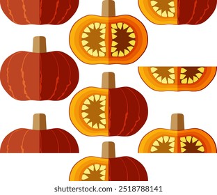 Set of Sunshine kabocha squash. Winter squash. Cucurbita maxima. Vegetables. Flat style. Isolated vector illustration.