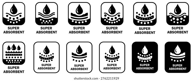 Set of super absorbent labels and water absorption symbols isolated on white background. Clean icons for liquid soak, moisture control, cleaning products, hygiene. vector icons