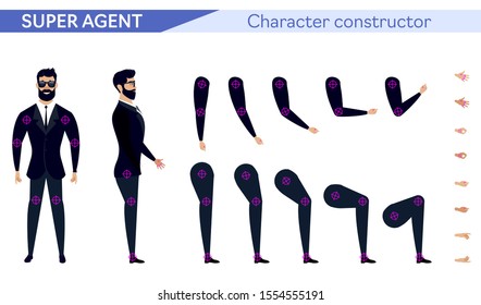 Set of super agent character poses, gestures, actions, body elements. Isolated on white. Man in suit, cloak standing, cartoon flat-style illustration. Business people. Male avatar expressions.