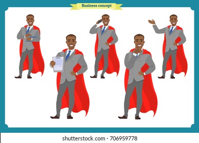 Set of super business man presenting in various action.Happy young black African men in business suit.People character. Heroes businessman working character design.Isolated vector on white. Flat