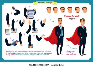 Set of super businessman character poses, gestures,actions, body elements. Isolated on white. Man in suit,cloak standing, Cartoon flat-style illustration. Business people. Male avatar expressions.