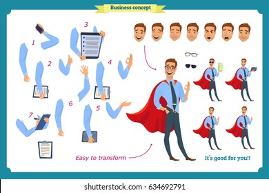 Set of super businessman character poses, gestures,actions, body elements. Isolated on white. Man in shirt,cloak standing, Cartoon flat-style illustration. Business people. Male avatar expressions.