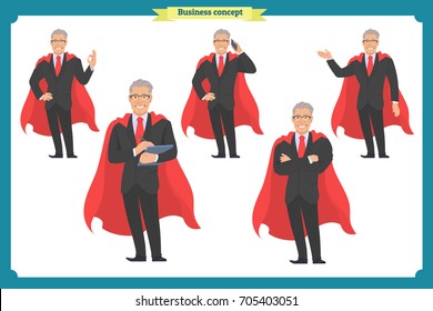 Set of super businessman character, poses, gestures,actions, body elements.Isolated vector on white.Hero man in business suit, standing.Flat-style for design.Business people.Male worker with red cloak