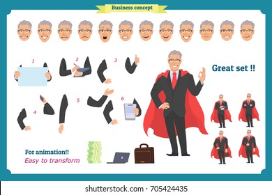 Set of super businessman character poses, gestures,actions, body elements.Isolated vector on white.Hero man in business suit, standing.Flat-style for animation.Business people.Male avatar expressions