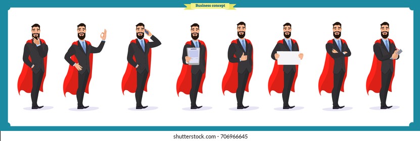 Set of super businessman character poses, gestures,actions. Isolated on white.Man in suit,cloak, Cartoon flat-style illustration.Business people.Businessman working character design set.Vector design.