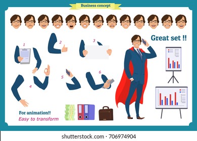 Set of super businessman character poses, gestures,actions, body elements.Isolated vector on white.Hero man in business suit, standing.Flat-style for animation.Business people.Man avatar expressions