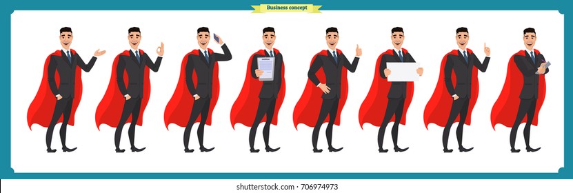 Set of super businessman character, poses, gestures,actions, body elements.Isolated vector on white.Hero man in business suit,full length.Flat-style for design.Business people.Male worker