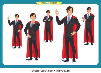 Set of super businessman character, poses, gestures,actions, body elements.Isolated vector on white.Hero man in business suit,full length.Flat-style for design.Business people. business man worker