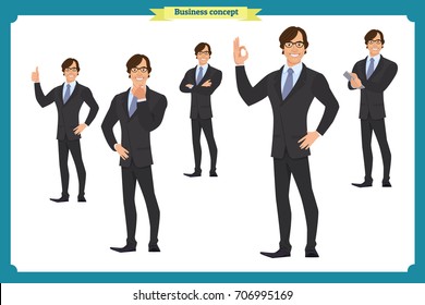 Set of super businessman character, poses, gestures,actions, body elements.Isolated vector on white.Hero man in business suit,full length.Flat-style for design.Business people. business man worker