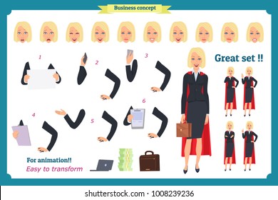 Set of super Businesswoman character design with different poses. Illustration isolated vector on white in flat cartoon style. Women in office clothes. Business superheros people.Flat for animation