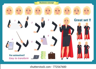 Set of super Businesswoman character design with different poses. .Illustration isolated vector on white in flat cartoon style.Blonde Women in office clothes. Business people