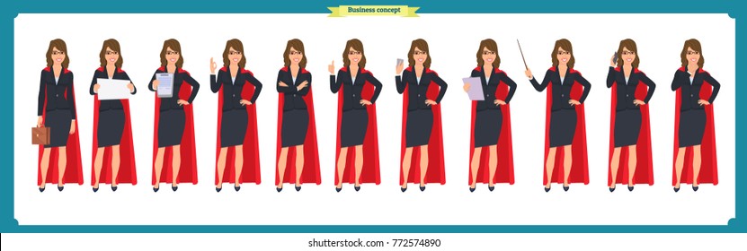 Set of super Businesswoman character design with different poses. .Illustration isolated vector on white  in flat cartoon style.Woman in office clothes. Business people