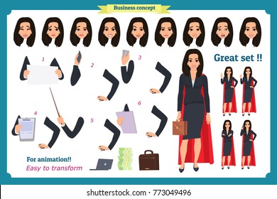 Set of super Businesswoman character design with different poses. Illustration isolated vector on white in flat cartoon style. Women in office clothes. Business superheros people.Flat for animation