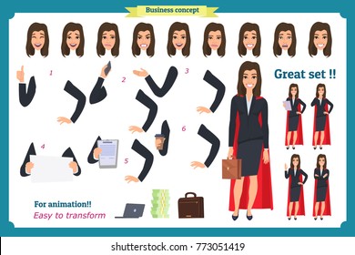 Set of super Businesswoman character design with different poses. Illustration isolated vector on white in flat cartoon style. Women in office clothes. Business superheros people.Flat for animation