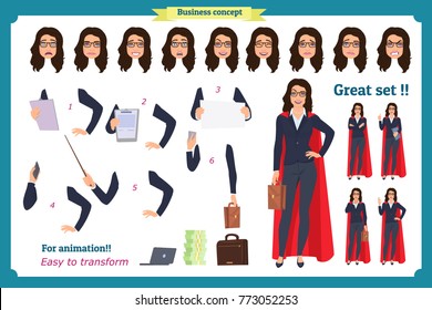 Set of super Businesswoman character design with different poses. Illustration isolated vector on white in flat cartoon style. Women in office clothes. Business superheros people.Flat for animation