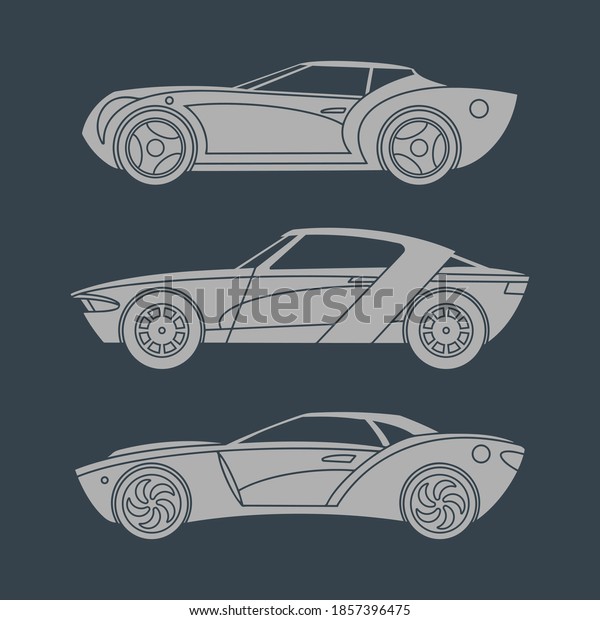 A set of super cars. Light silhouettes. Side\
view Vector illustration