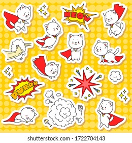 Set of super cat stickers. Illustration of cute white cats in super hero costume and comic book design elements such as speech bubbles and explosions. Vector 8 EPS.