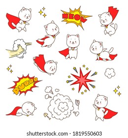 Set of super cat stickers. Illustration of cute white cats in super hero costume and comic book design elements such as speech bubbles and explosions isolated on a white background. Vector 8 EPS.