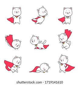 Set of super cats. Illustration of cute white cats in super hero costume. Vector 8 EPS.