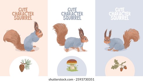 Set with super cute squirrels characters. Vector illustration.